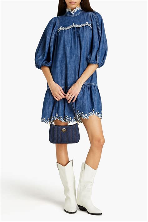 miu miu broderie anglaise-trimmed denim mini dress